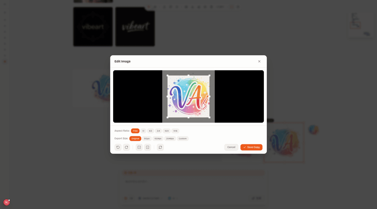 Real VibeArt Canvas image editing workspace