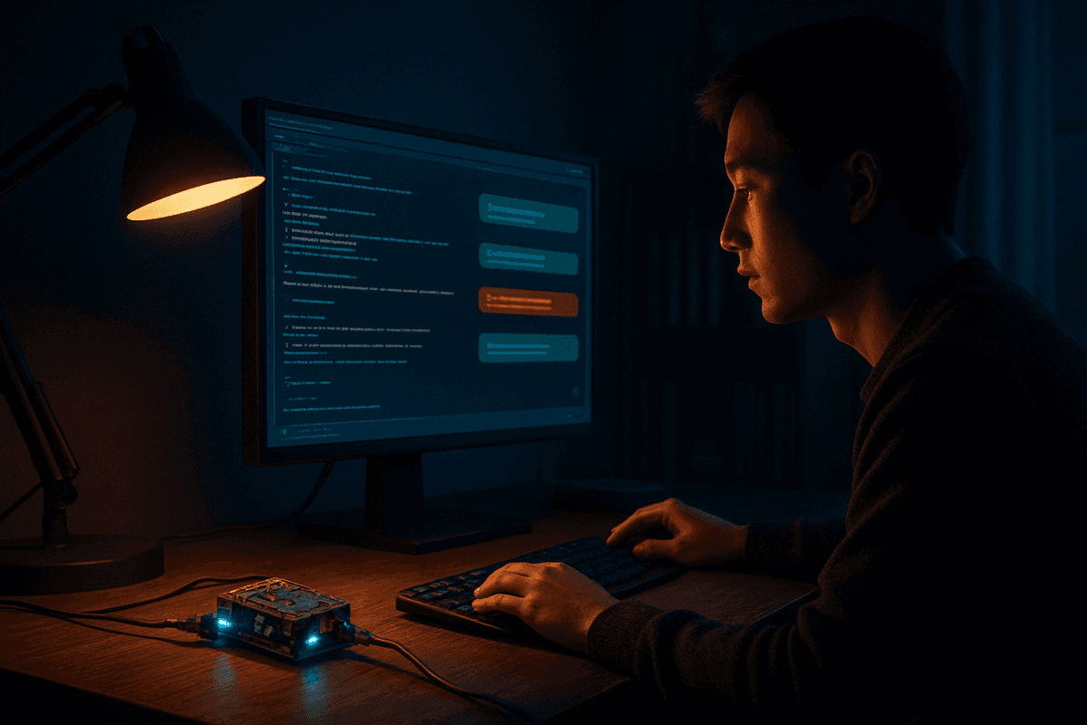 A realistic desktop scene with a Raspberry Pi device running a local AI assistant setup