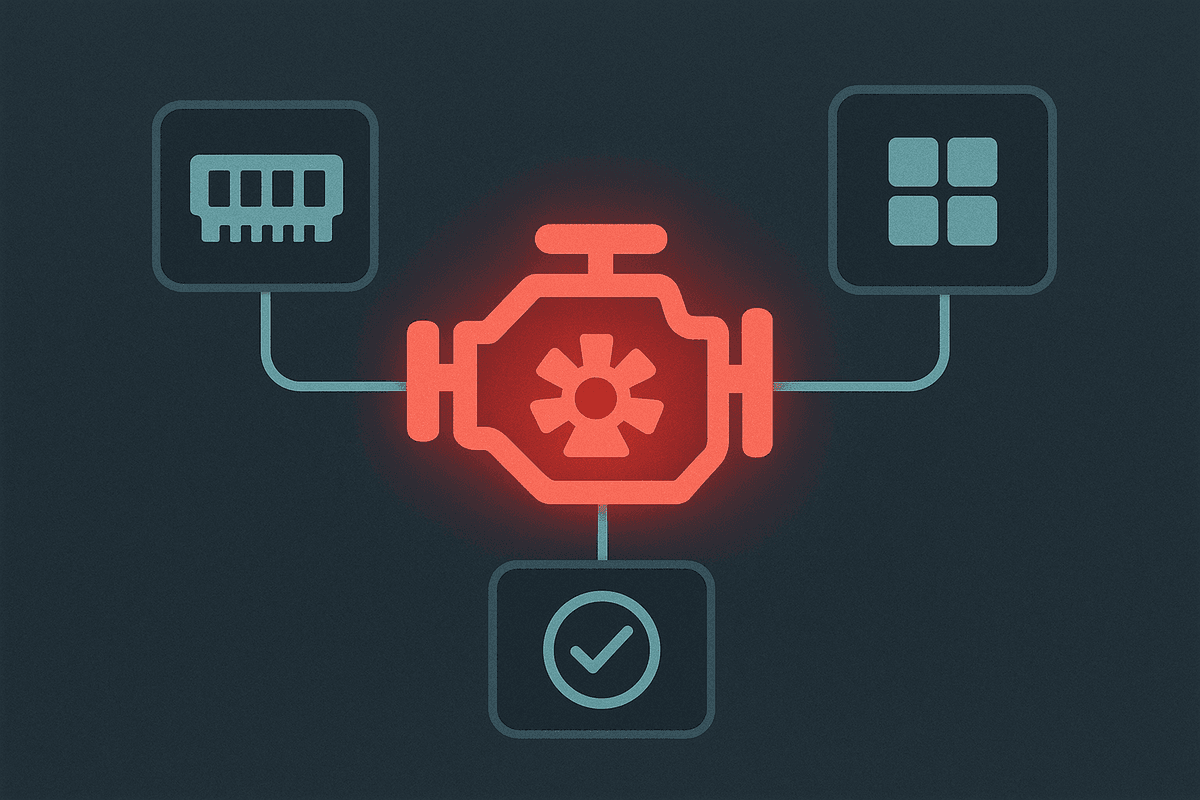 A final low-memory high-capability metaphor: tiny glowing engine labeled by symbols only powering ga