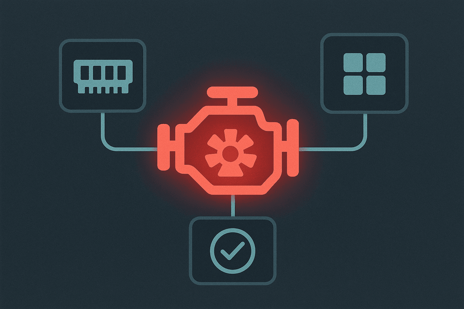 A final low-memory high-capability metaphor: tiny glowing engine labeled by symbols only powering ga