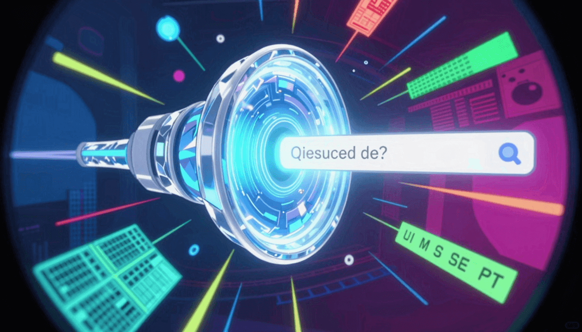 Absurd hilarious meme-style AI web research scene, chaotic colorful data storm being funneled throug