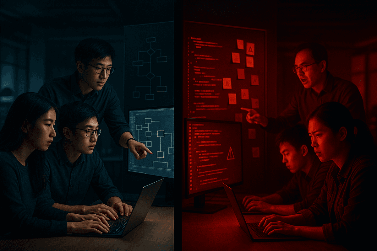 A high-tension editorial scene of two software teams using AI coding assistants with opposite outcom