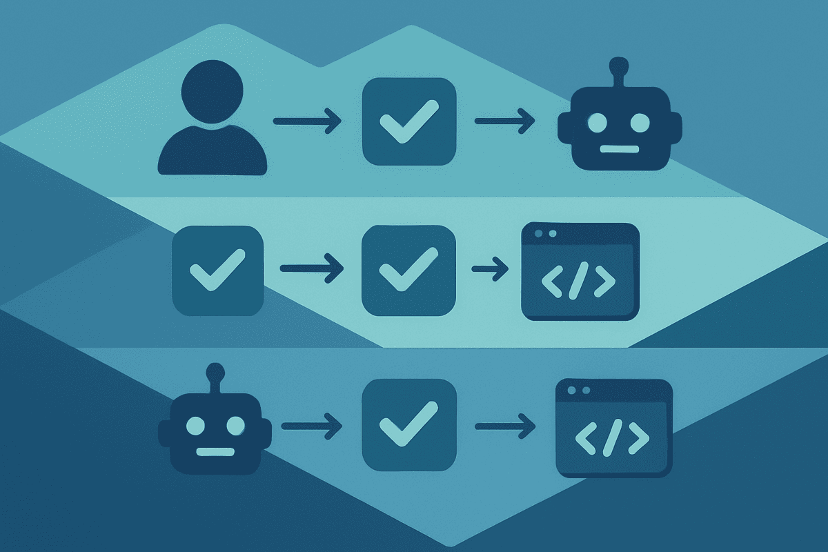 An isometric governance diagram for AI coding workflow showing three task layers (delegable