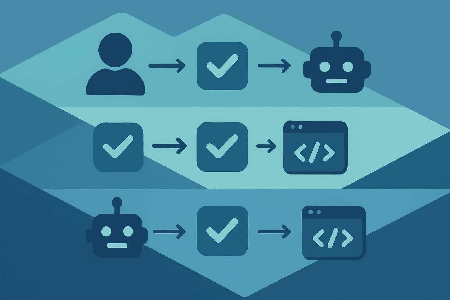 An isometric governance diagram for AI coding workflow showing three task layers (delegable