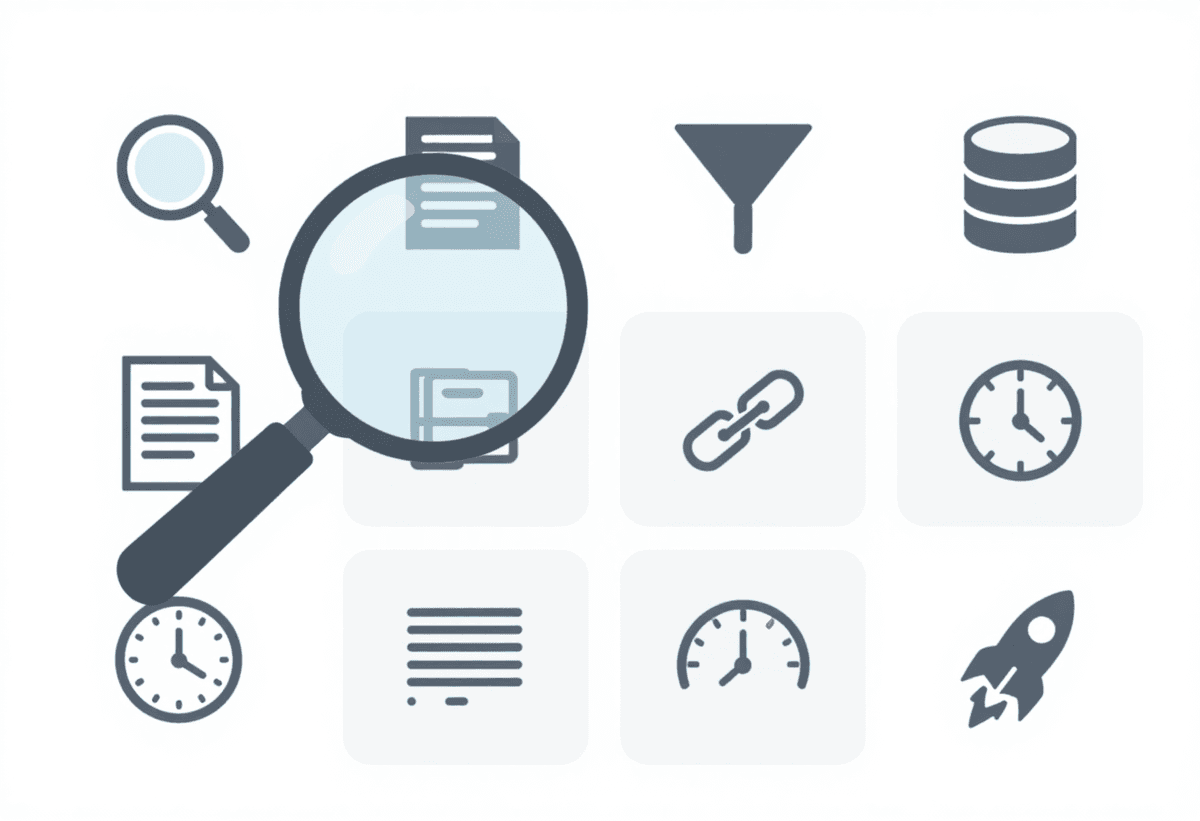 Web search workflow scene: magnifying glass scanning pages, filter funnel cleaning noisy data into c