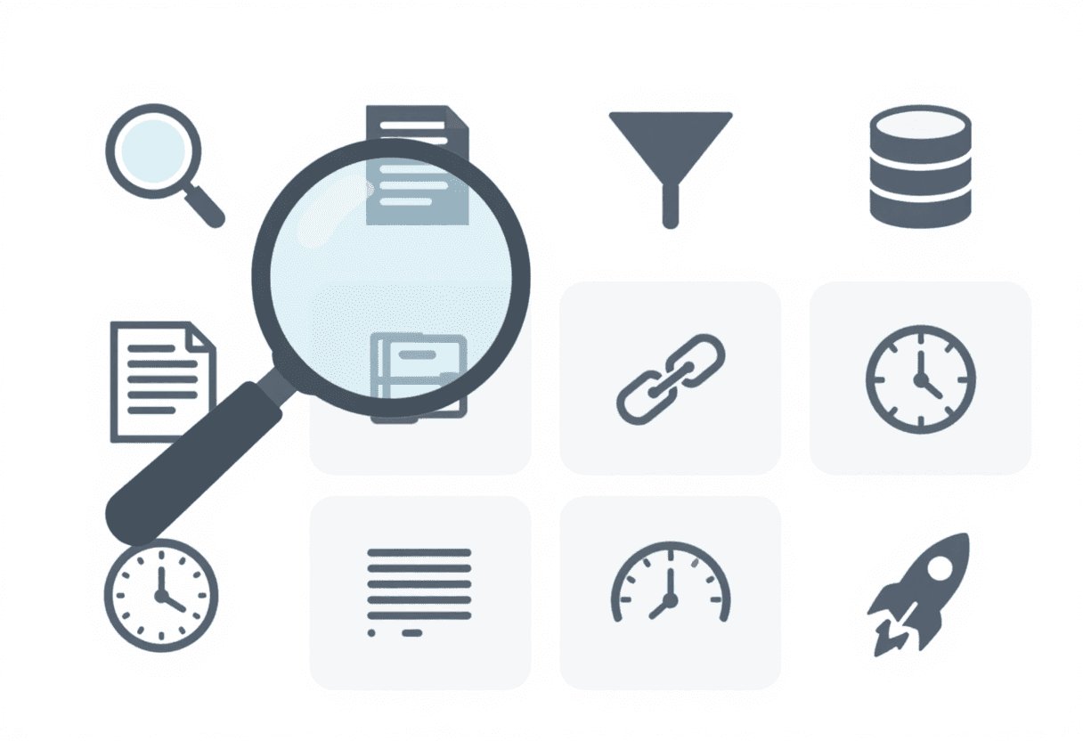 Web search workflow scene: magnifying glass scanning pages, filter funnel cleaning noisy data into c