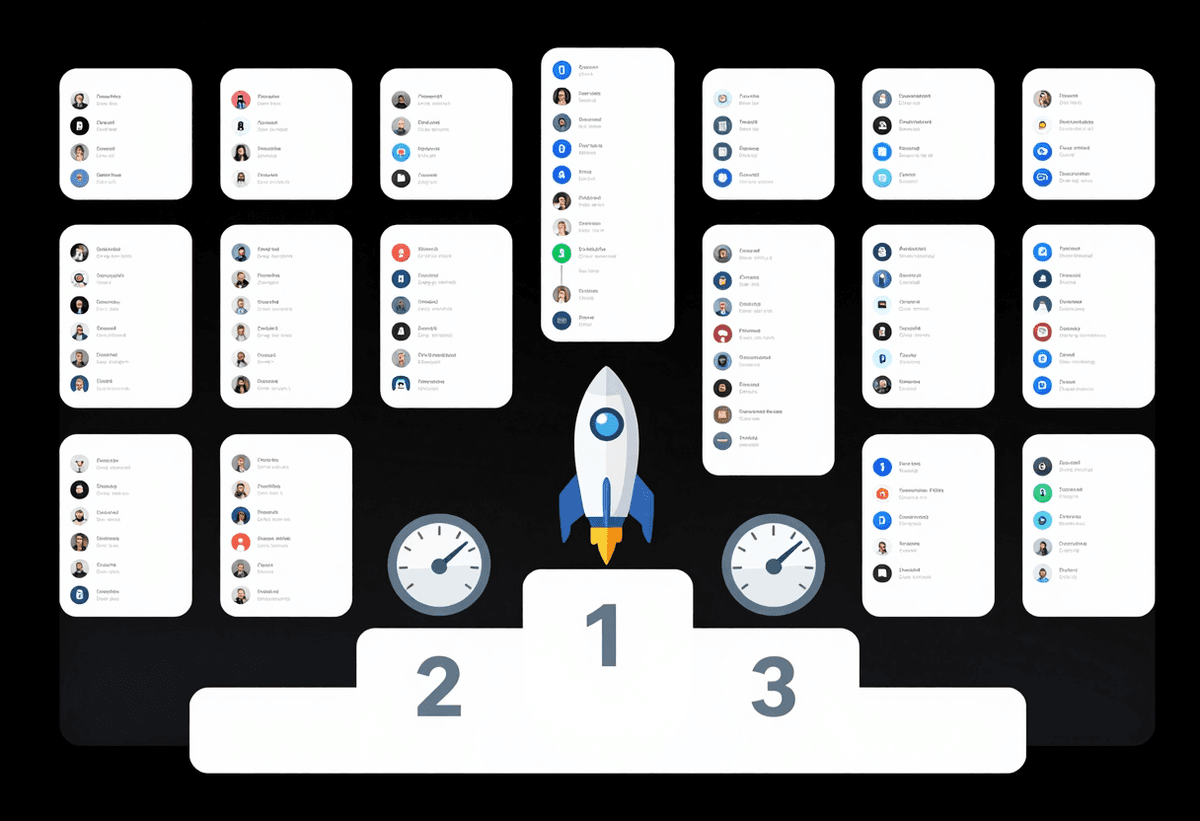 Open source momentum comparison board, multiple project cards climbing podium levels, rocket and spe