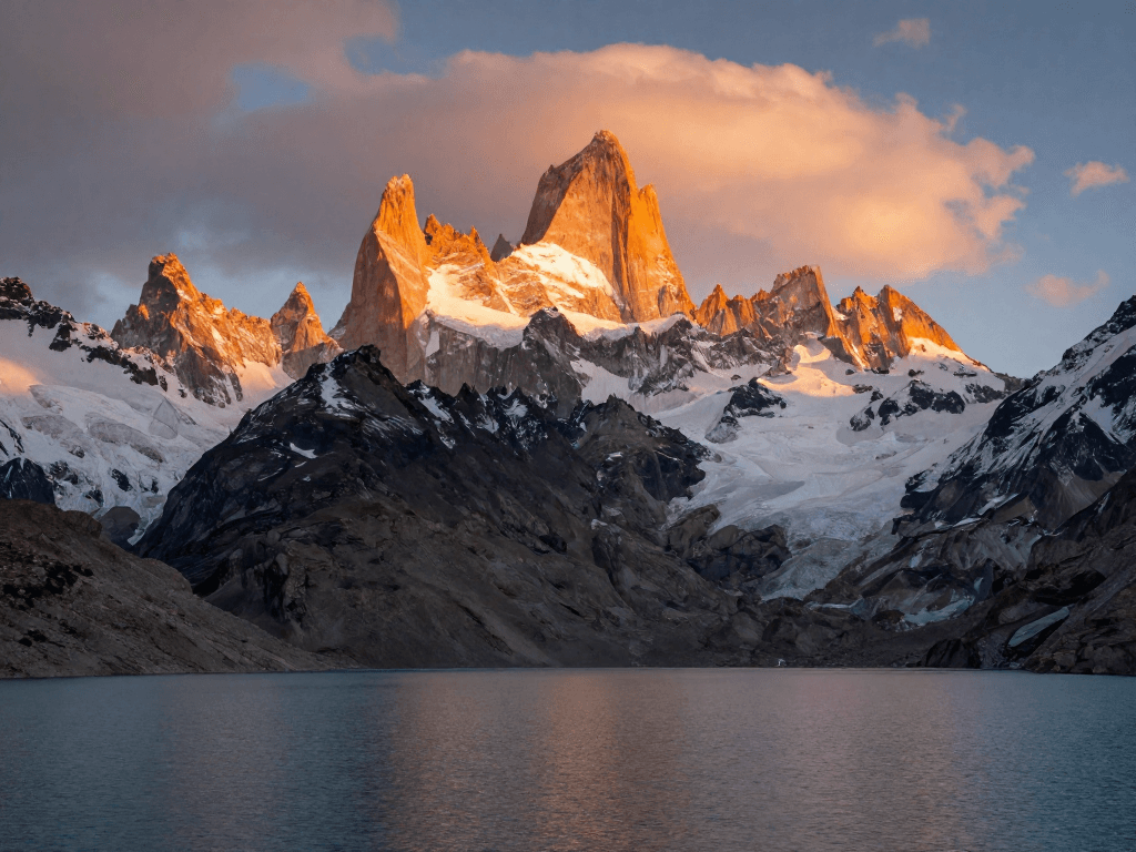 Majestic mountain landscape at golden hour, snow-capped peaks reflecting warm sunset light, pristine