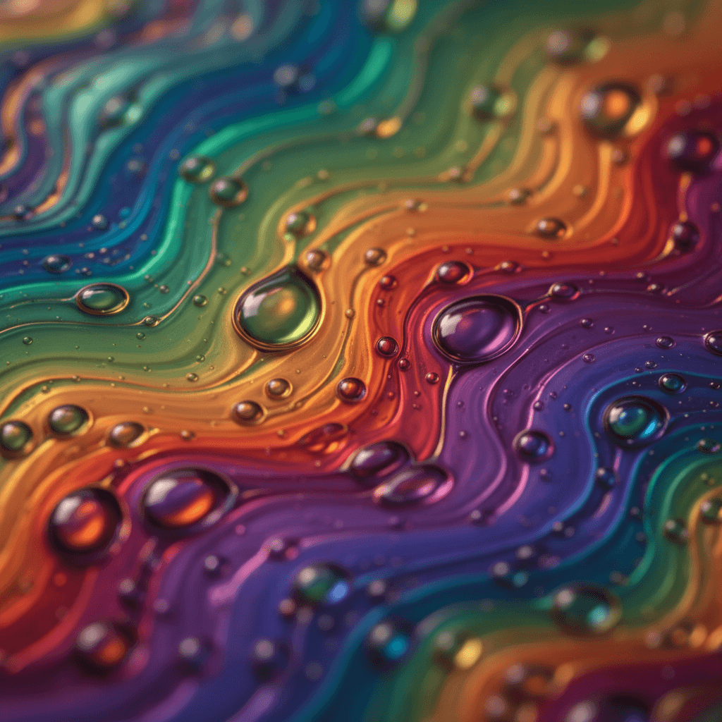 Abstract fluid art with vibrant gradients, flowing liquid metal, iridescent colors, macro photograph