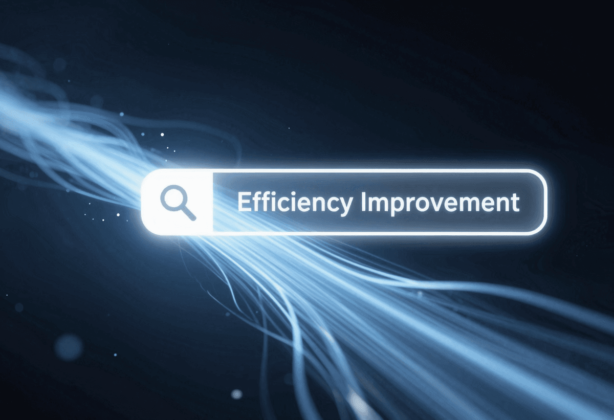 Efficiency improvement metaphor for AI search, fast luminous data stream overtaking slow messy strea