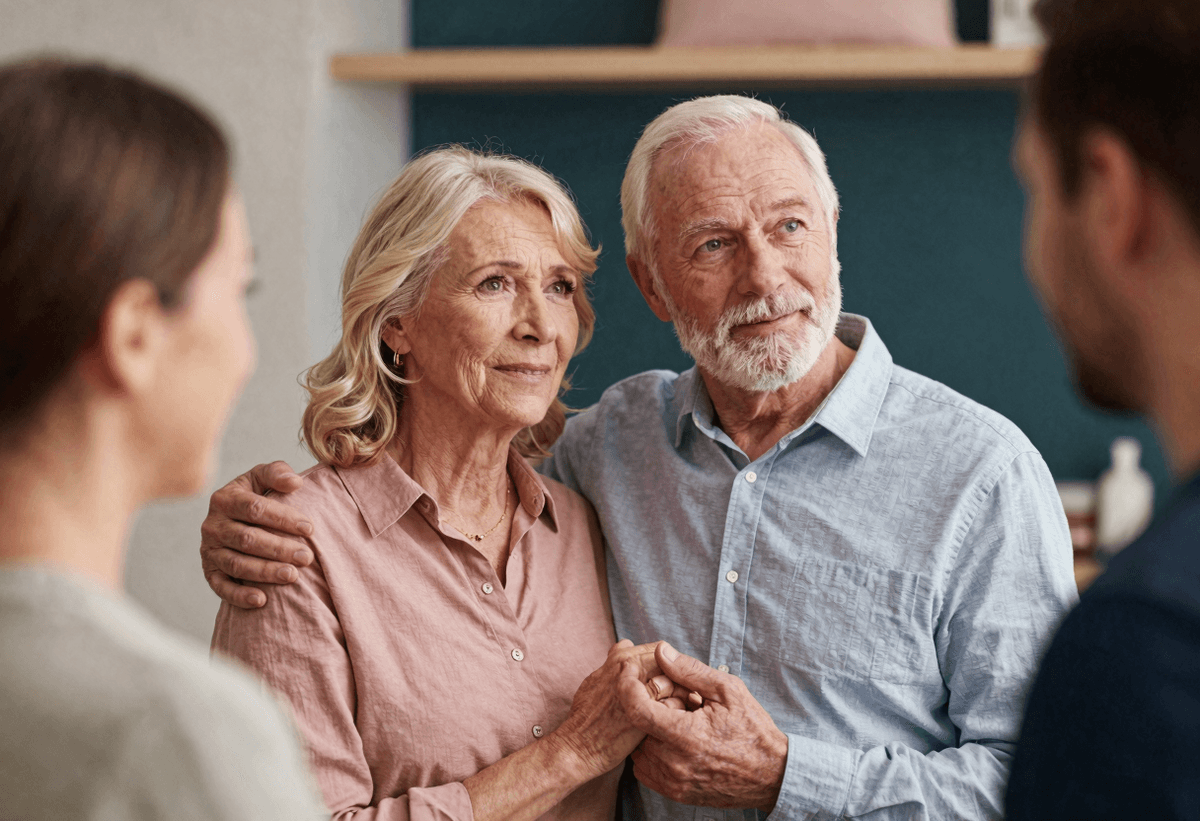 Emotional closing scene: an older couple confidently choosing quality services with family support n