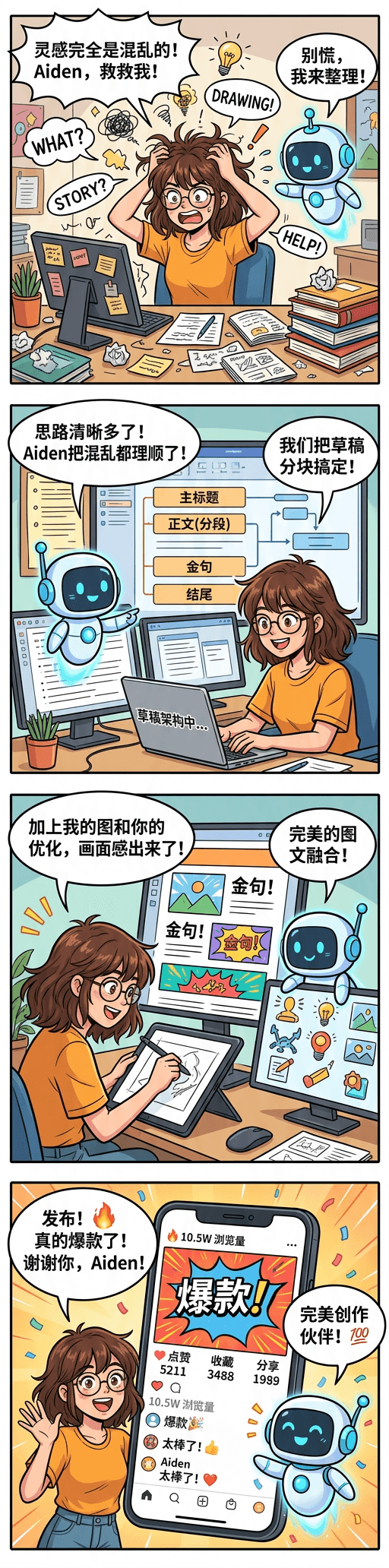 Vertical comic strip with content creator and AI assistant characters, 4-panel story: chaotic inspir