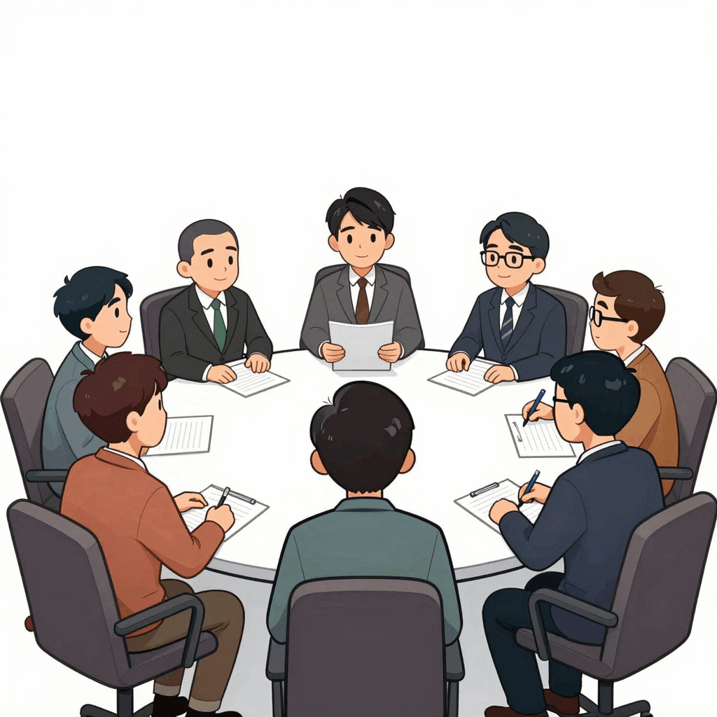 Editorial cartoon illustration, Chinese creative team brainstorming in studio, clean composition, no