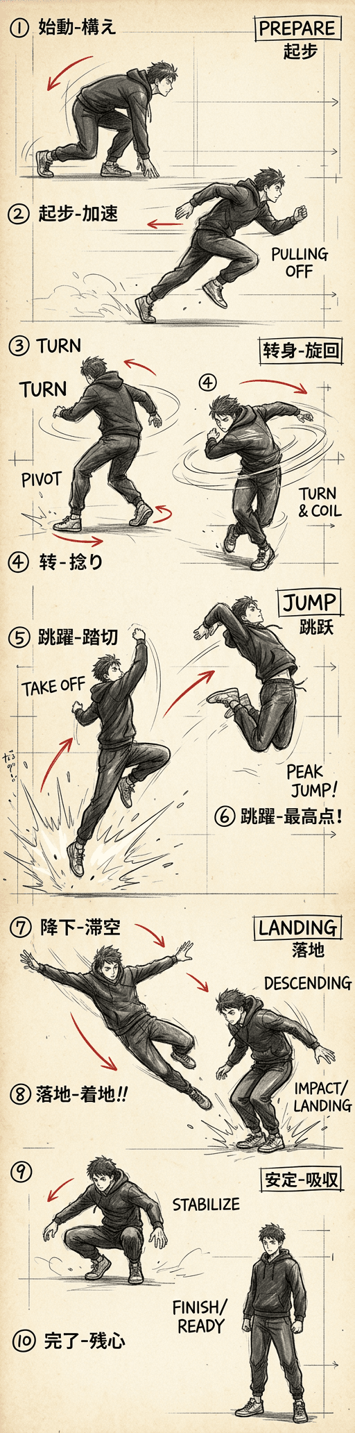 Vertical action decomposition, single character performing continuous actions top to bottom (start, 
