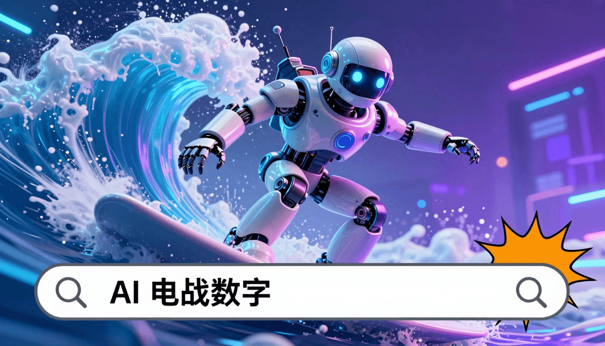 Over-the-top meme-style cover image for AI search article, futuristic robot detective surfing explod