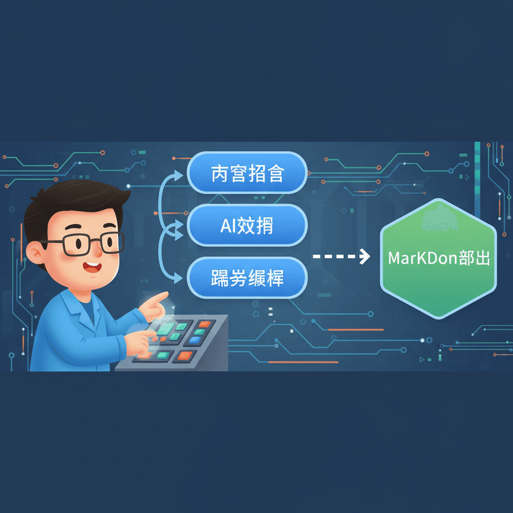 卡通插画风(非真人):三层转换流程的可视化,中国工程师角色操作流程面板,三段中文标签可见:‘内容协商’、‘AI转换’、‘浏览器渲染’,箭头连到‘Markdown输出’。信息图插画,16:9。