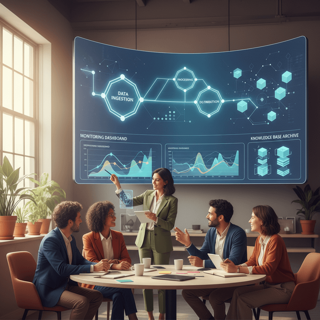 场景4（落地实践）：团队协作场景，四人围绕大屏搭建自动化内容流水线，节点连接、监控面板、知识库归档的视觉隐喻，专业但温暖，公众号配图风格，16:9；禁止任何文字、字母、logo、水印。