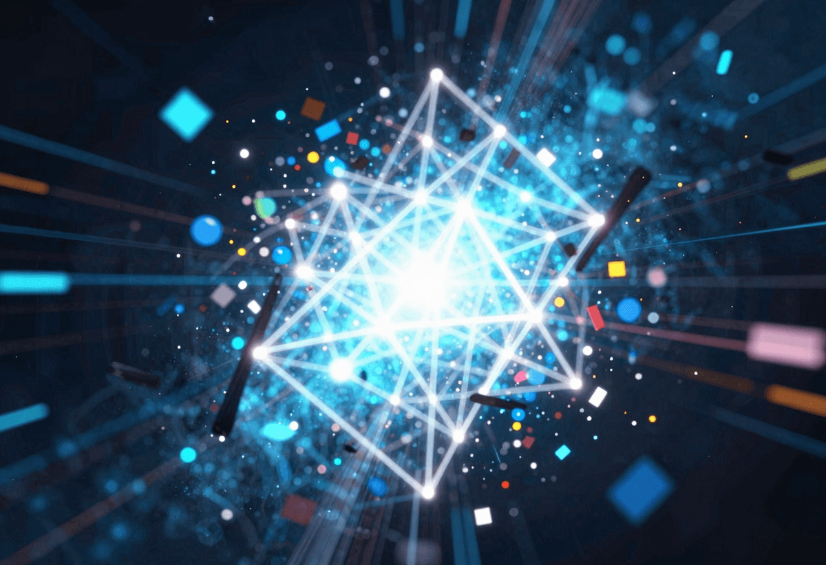 Abstract AI data filtering scene, chaotic fragments transforming into clean geometric light structur