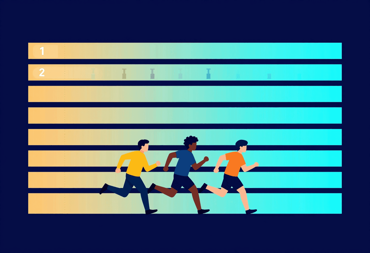 Editorial illustration of an AI leaderboard race board, three model avatars sprinting toward a finis
