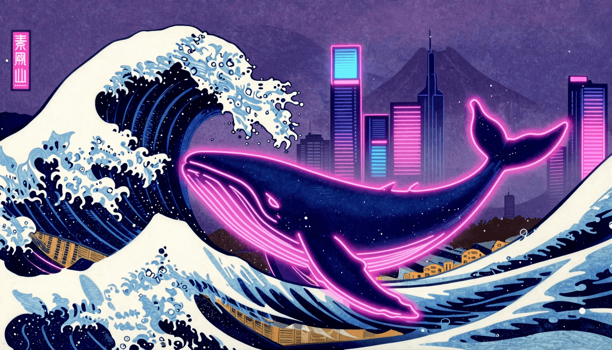 Hokusai Great Wave woodblock print composition but cyberpunk remix: towering neon-lit skyscrapers re