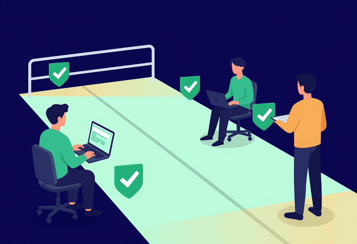 Engineering team setting safety guardrails around autonomous coding workflow, barriers and green che