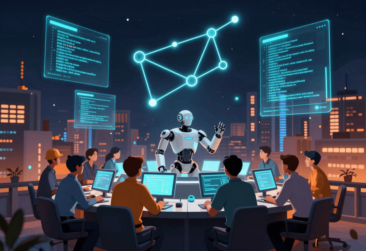 Cinematic 3D editorial illustration, night city rooftop command center, diverse engineer team and on