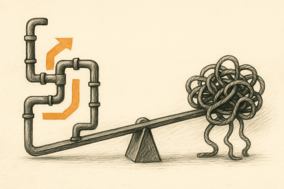 A strategic closing metaphor image: a lever amplifying a well-structured engineering pipeline while 