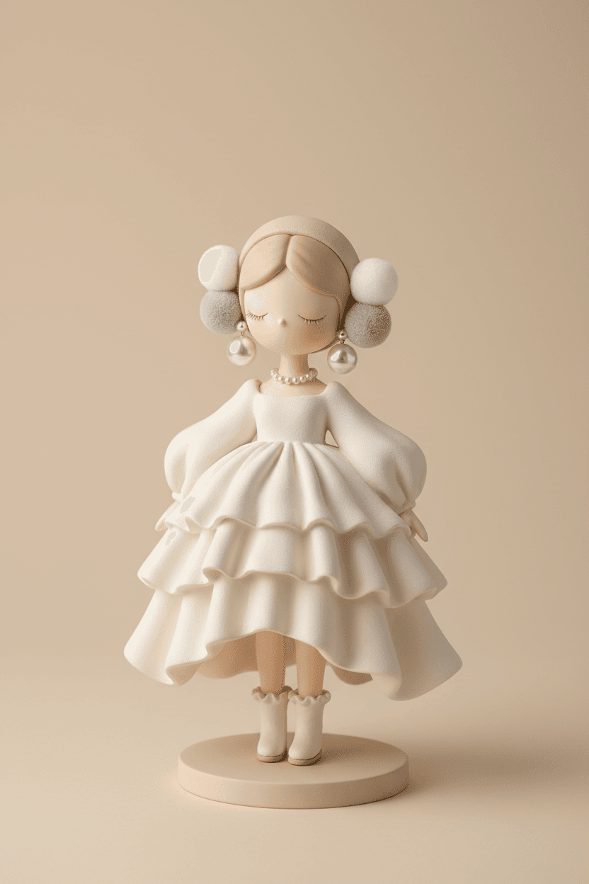 A cute, elegant, stylized doll figurine, standing slightly angled. It features a light beige headban