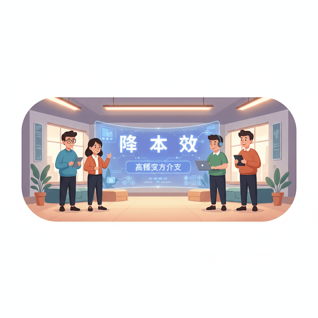 卡通插画风（非真人）：中国团队协作场景，产品、工程、运营围绕大屏复盘，屏幕中出现中文词：‘降本’、‘提效’、‘高密度上下文’。现代科技感但温暖，16:9。