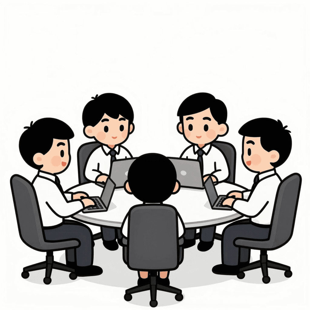 Cartoon Chinese team in modern office collaboration, no text, no logo, 16:9