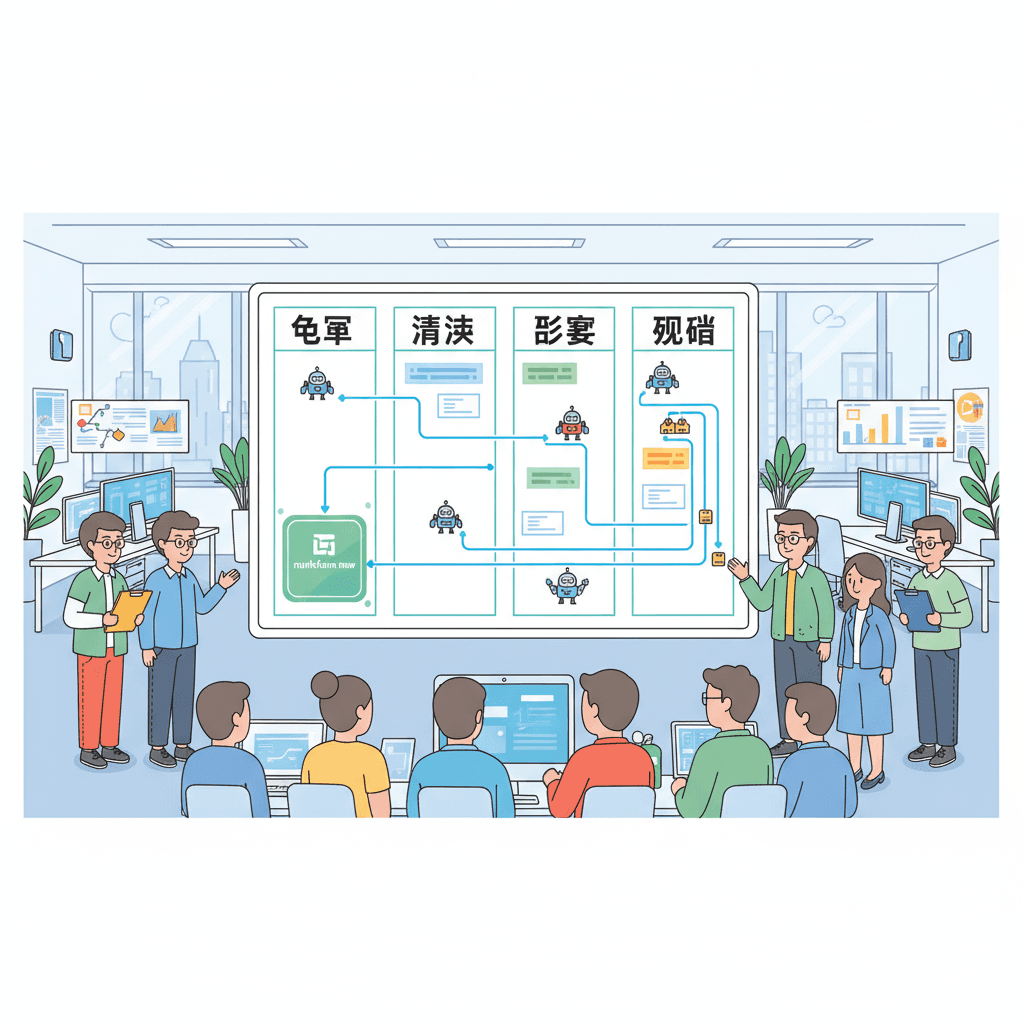 卡通插画风（非真人）：落地实践场景，中国团队把markdown.new接入自动化流程，流程看板出现中文：‘采集’、‘清洗’、‘摘要’、‘归档’。线条简洁，编辑部风格，16:9。