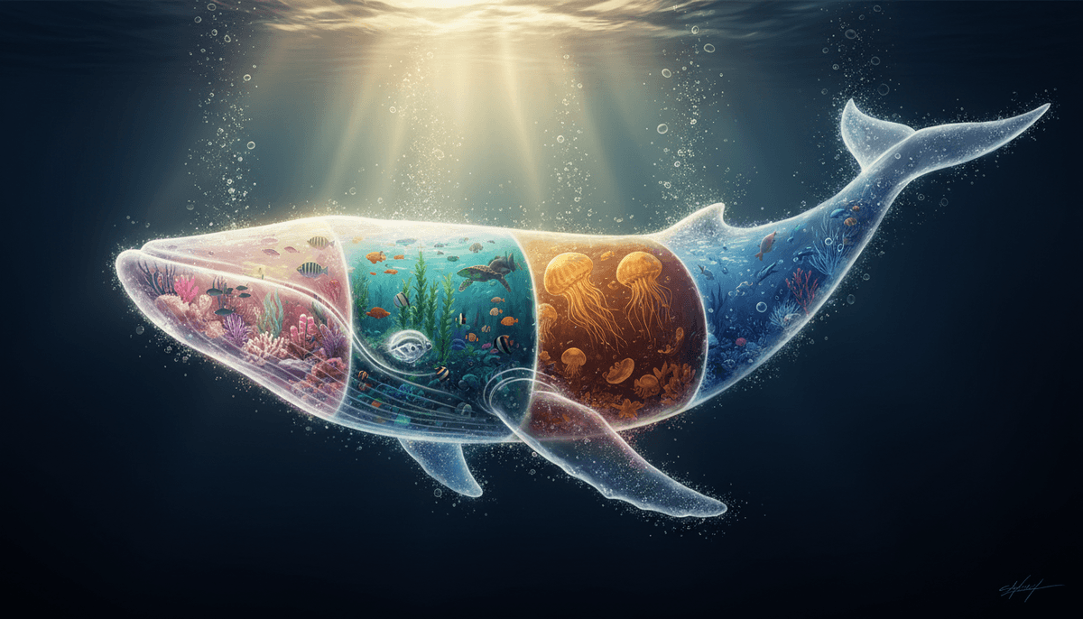 A colossal transparent whale plunging head-first downward through the ocean, its body a luminous gla