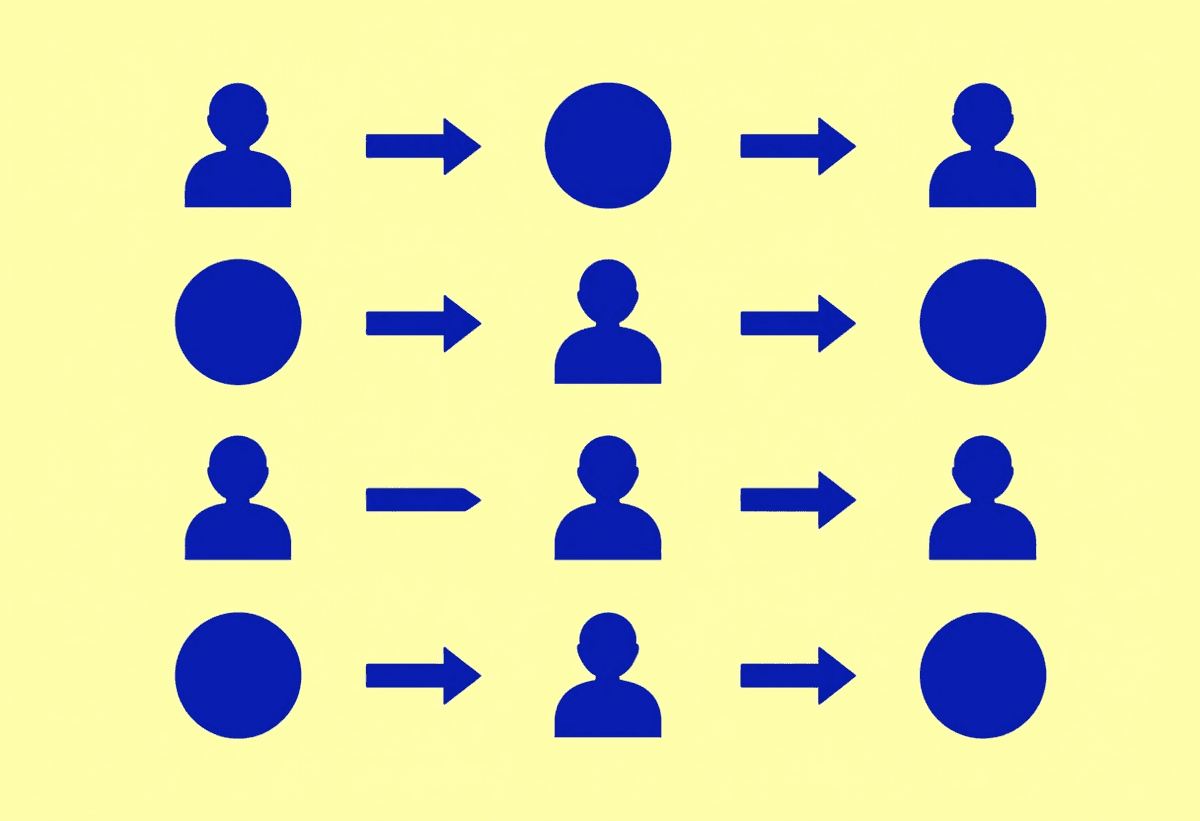 Decision matrix metaphor using balanced abstract shapes and directional arrows, team strategy concep