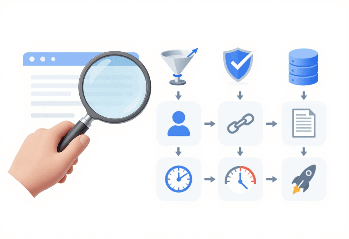 Scene of web search workflow: magnifying glass scanning web pages, then filter funnel cleaning noisy
