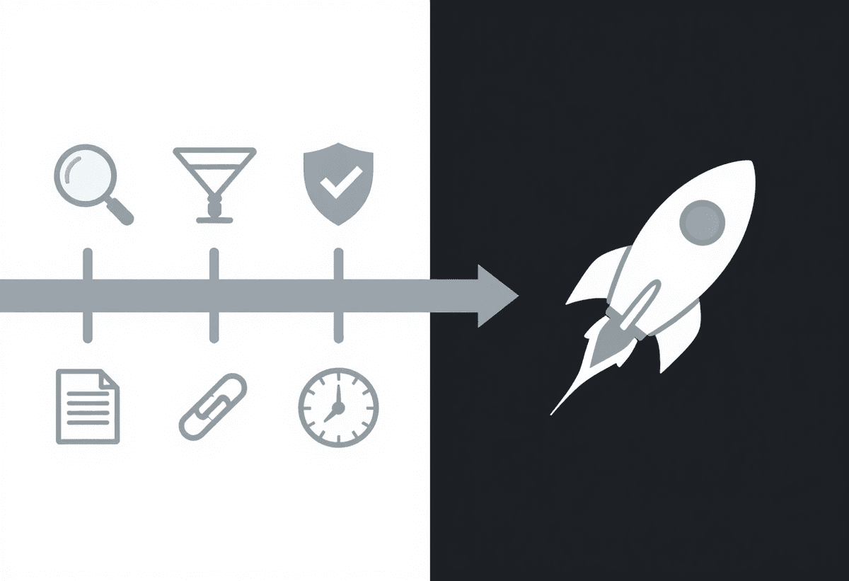 Scene of efficiency gain: slow old pipeline with cluttered icons vs fast optimized pipeline with roc