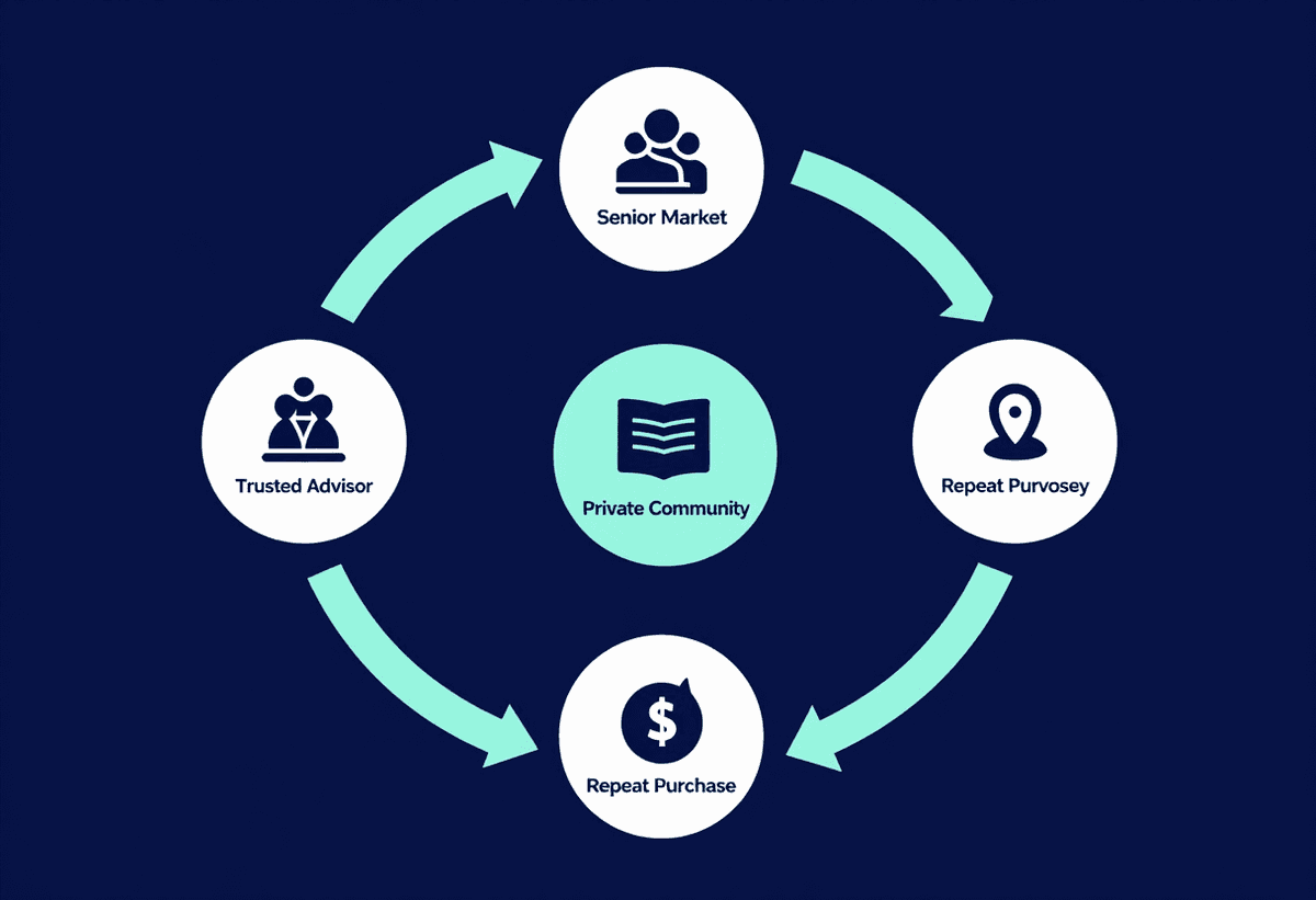 Isometric service ecosystem map for senior market: trusted advisor, private community, product deliv