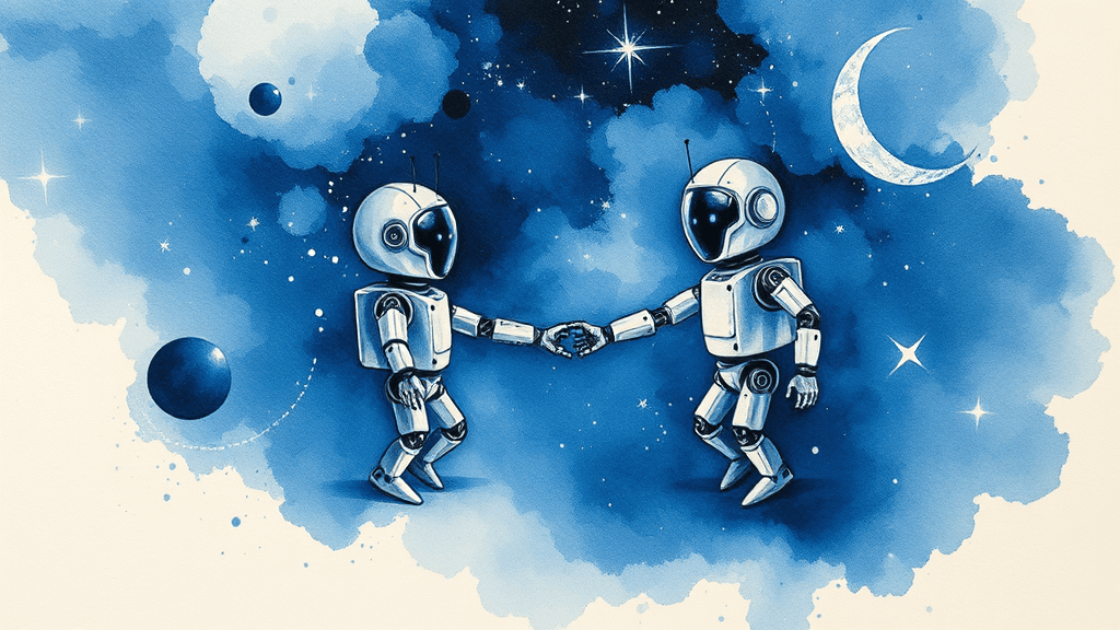 An abstract depiction of two small robots holding hands in space, where fluid ink patterns intertwin