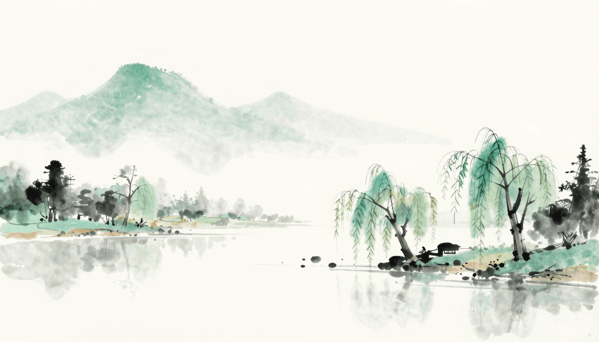 Modern East Asian ink landscape with mountains and flowing water
