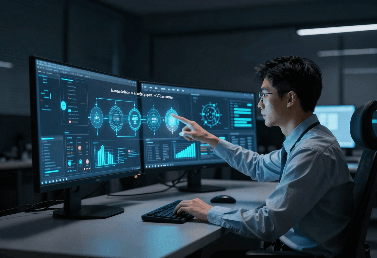 Cinematic editorial scene of a nighttime cloud VPS control room: a Chinese engineer at a minimal des