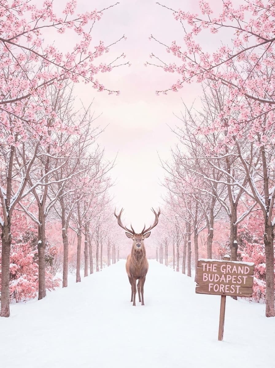 Wes Anderson style nature photograph. A majestic deer with large antlers stands in a surreal pink-ti