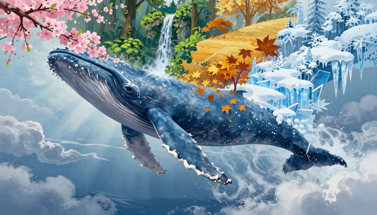 Epic digital painting: a colossal blue whale falling diagonally from the sky, viewed from the side