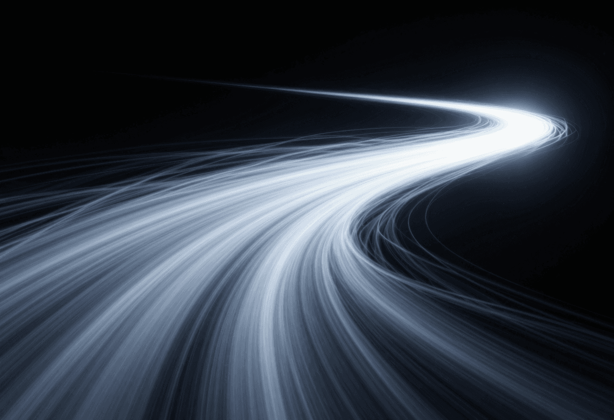 Efficiency metaphor with fast luminous stream outrunning messy stream, powerful motion, high contras