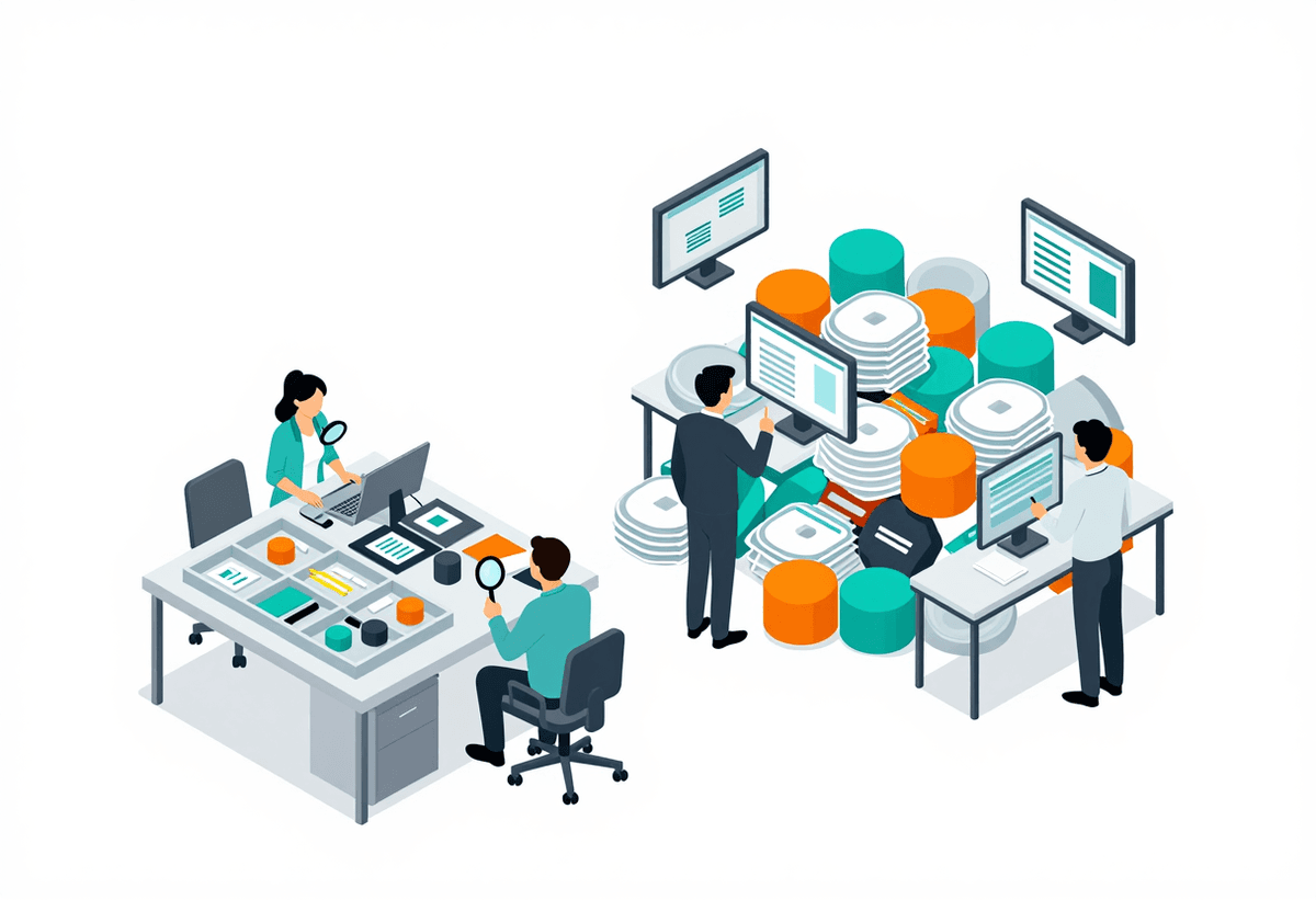Engineering lab scene comparing evaluation setups: one compact curated dataset tray and one giant me