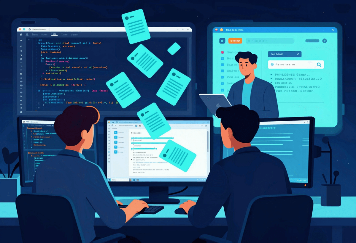 Human and AI coding agents collaborating in a software war room, task cards flowing across screens, 
