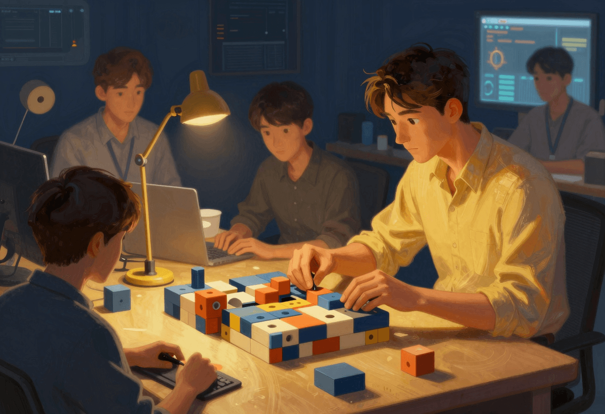 Editorial scene of an engineer assembling a workflow engine