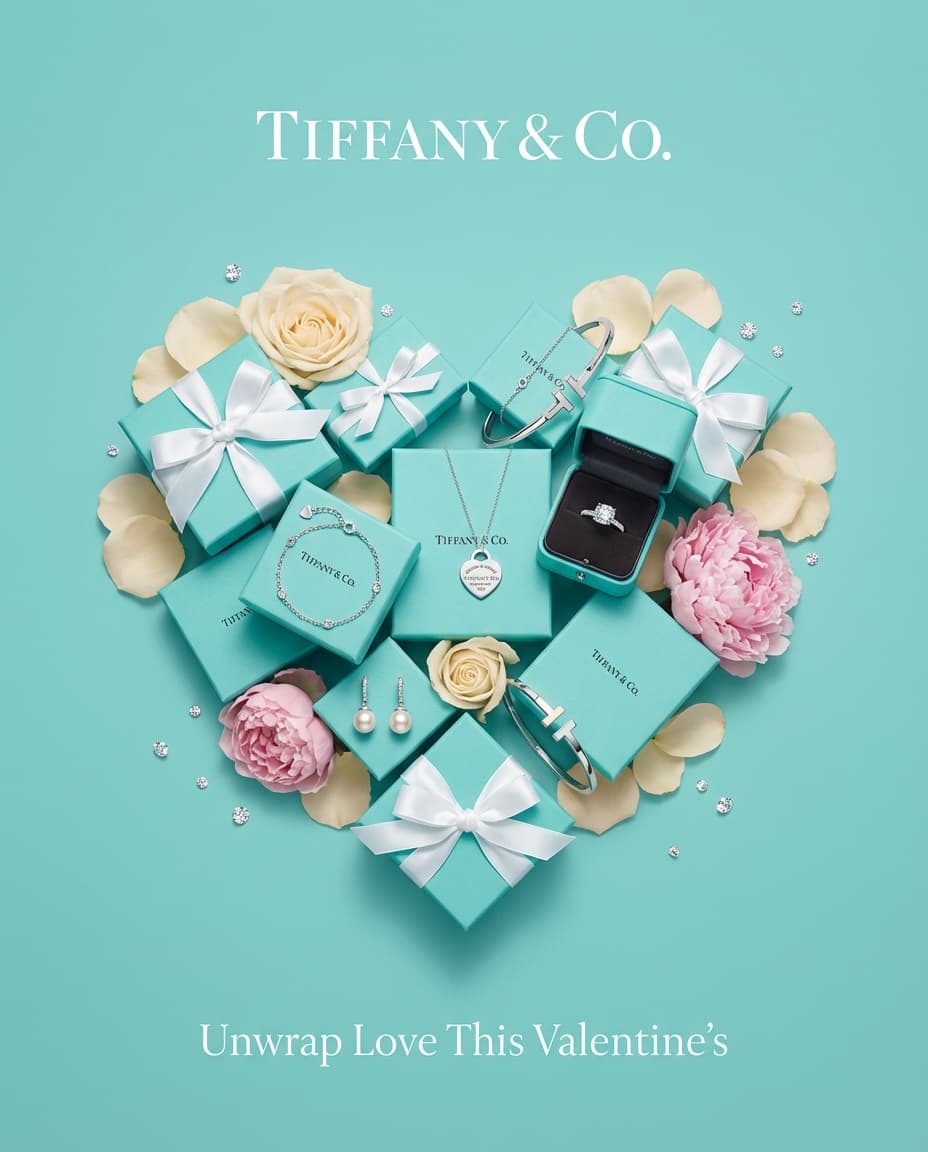 Create a professional Valentine's Day advertisement for Tiffany & Co. in 4:5 aspect ratio
