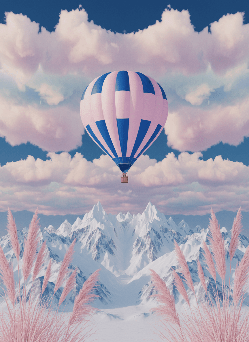 Wes Anderson style whimsical photograph. A pink and royal blue hot air balloon floats above a snowy 