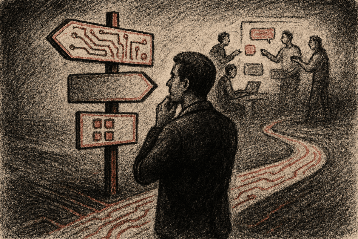 Editorial illustration of pragmatic product decision moment: a founder at crossroads choosing betwee