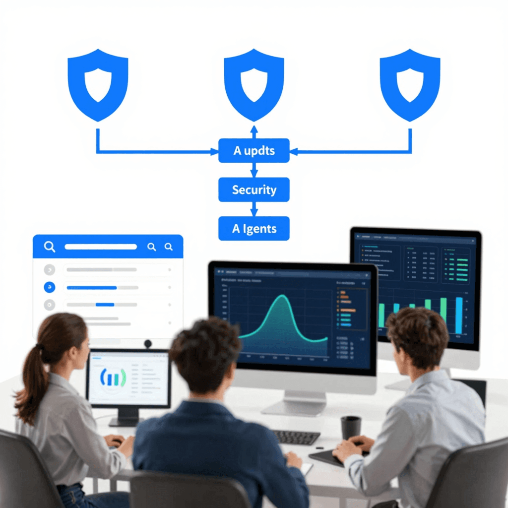 Security and operations scene for AI agents: shield icons, audit pipeline, observability charts, tea