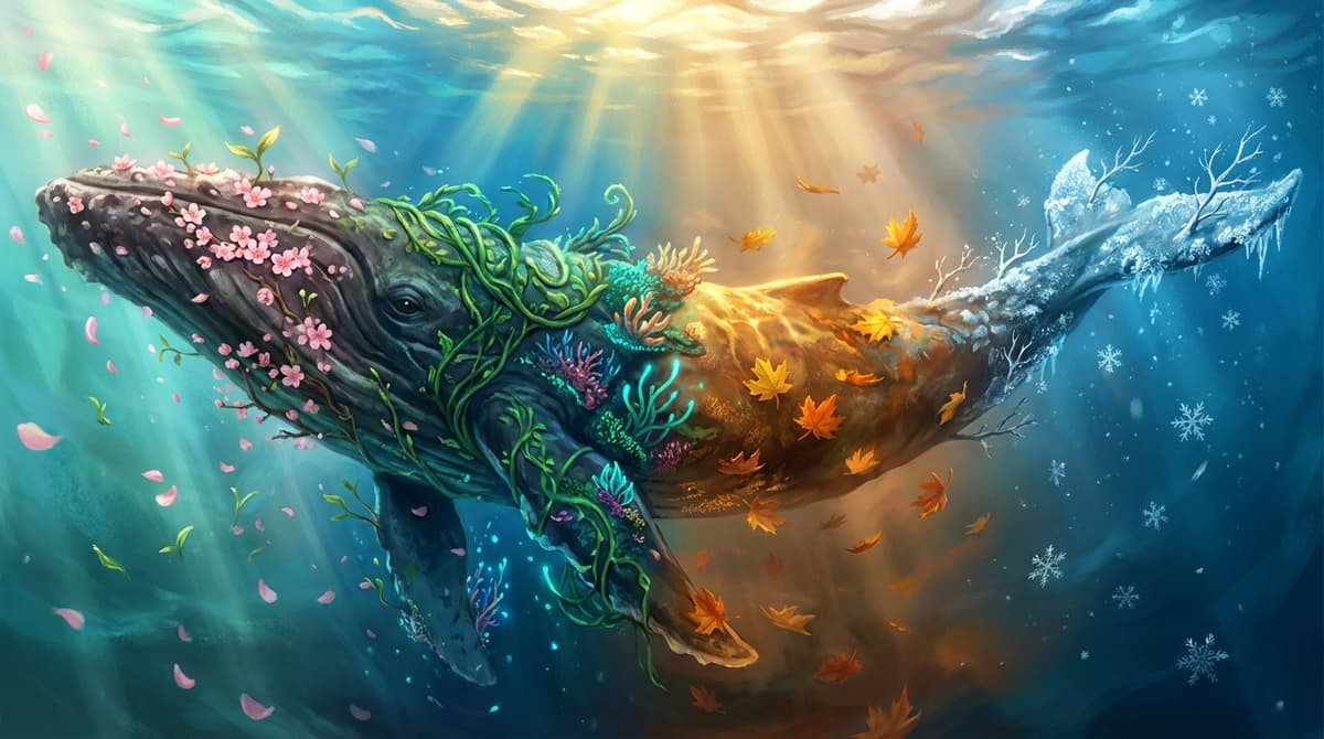 A colossal whale swimming horizontally through a dramatic ocean, its entire body serving as a living